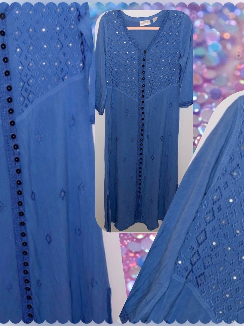 Soft Surroundings Blue Embroidered Maxi Dress with Button Front